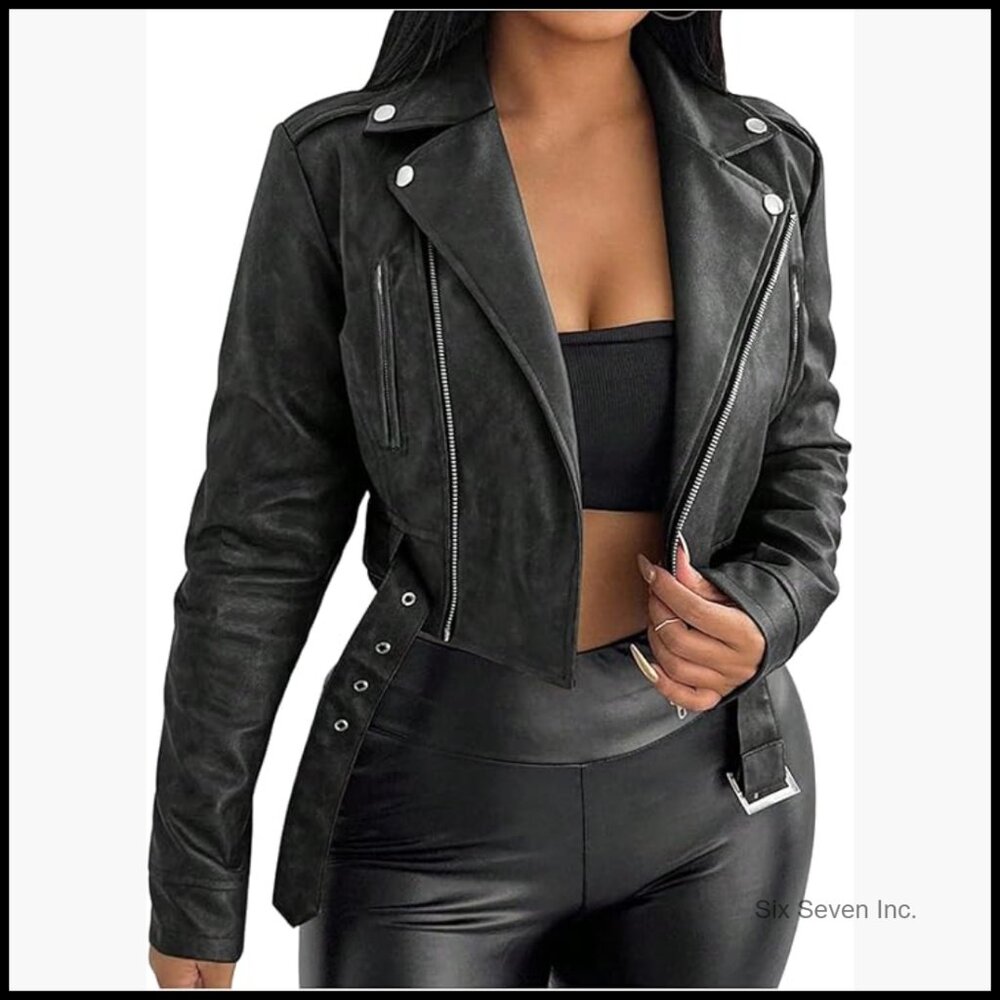 PU Leather Motorcycle Jacket Zip Up Long Sleeve Crop Bomber Coat